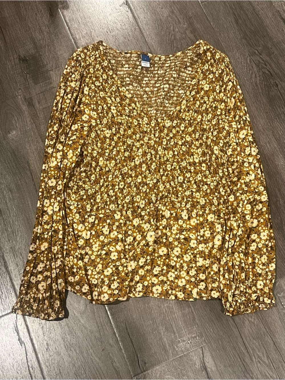 Old Navy Mustard Floral Smocked Long-Sleeve Blouse